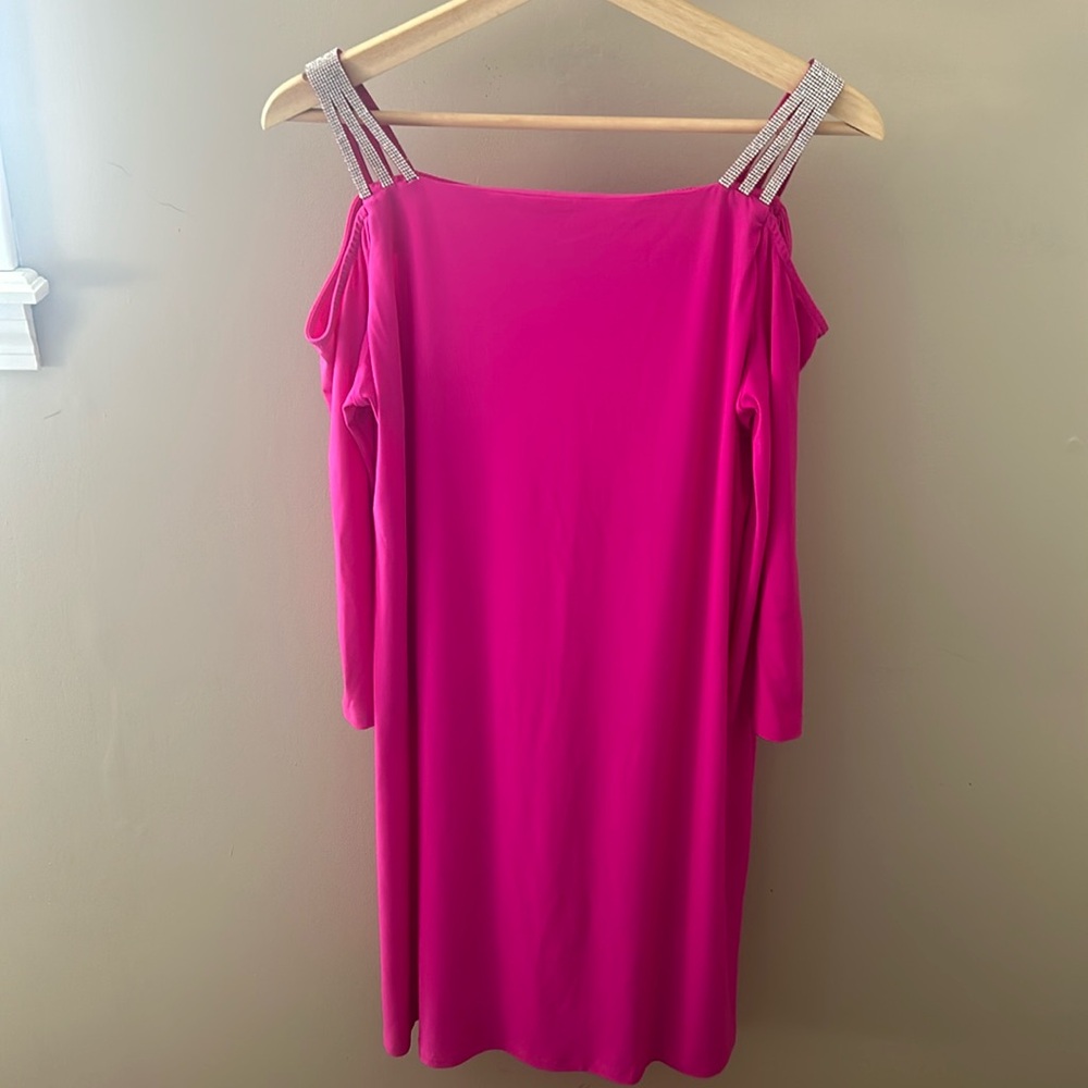 MSK Pink Semi-formal medium dress, off shoulder with sleeves, sequin straps